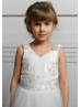 V Neck Beaded Ivory Embroidered Lace Tulle Flower Girl Dress